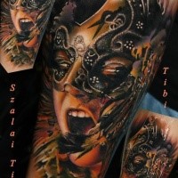 Large new school style colored tattoo of woman with mask
