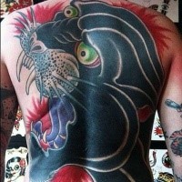 Large old school style colored whole back tattoo of black panther