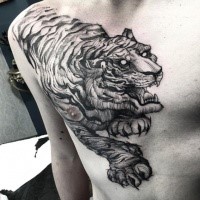 Large realistic looking black ink engraving style chest tattoo of big tiger