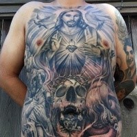 Large religious style colored whole chest tattoo