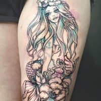 Large sketch style colored thigh tattoo of seductive mermaid and flowers