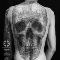 Large stippling style whole back tattoo of human skull