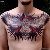 Large very beautiful colored chest tattoo of big mystical owl with diamond