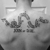Large very detailed upper back tattoo of join or die snake symbol