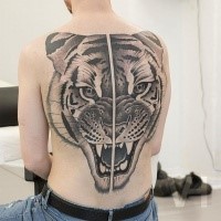 Large whole back painted by Valentine Hirsch tattoo of symmetrical split tiger head