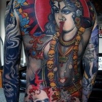 Large whole back tattoo of Hinduism Goddess with skulls