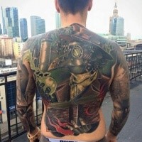 Large whole back tattoo of plague doctor with book