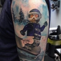 Lego style colored shoulder tattoo of awesome snowboarder