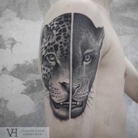 Life like amazing painted shoulder tattoo of split leopard and panther heads by Valentin Hirsch