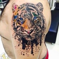Lifelike accurate looking shoulder tattoo of tiger portrait with geometrical figures