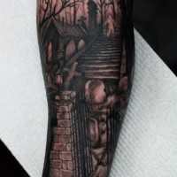 Lifelike black and white mystical cemetery tattoo on sleeve with ghost