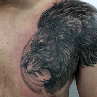 Lifelike black ink chest and shoulder tattoo of lion