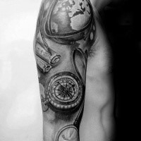 Lifelike black ink sleeve tattoo of big compass with globe and map