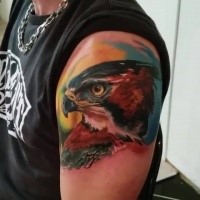 Lifelike colored shoulder tattoo of big eagle head