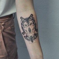 Lifelike detailed forearm tattoo of wolf with big butterfly