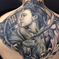 Lifelike gray washed style back tattoo of woman archer with deer