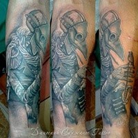 Lifelike impressive looking forearm tattoo of plague doctor with little bird