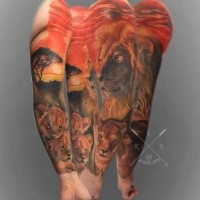Lifelike natural looking sleeve tattoo of lion