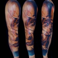 Lifelike realism style colored sleeve tattoo of woman face with scars