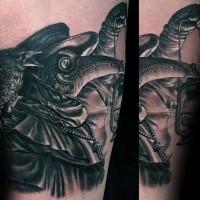 Lifelike very amazing looking detailed tattoo of plague doctor with crow and gas lamp