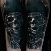 Lifelike very detailed painted by Eliot Kohek forearm tattoo of pirate skeleton with dagger