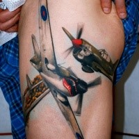 Lifelike very detailed thigh tattoo of WW2 fighter planes