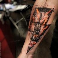 Lightning style colored forearm tattoo of demonic lion face