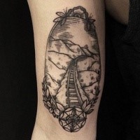 Line work style black ink arm tattoo of rails and compass