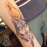 Linework style amazing looking forearm tattoo of wolf head