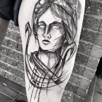 Linework style amazing looking thigh tattoo of woman portrait by Inez Janiak