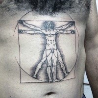 Linework style black ink belly tattoo of Vitruvian man portrait