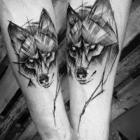 Linework style black ink forearm tattoo of wolf sketch by Inez Janiak