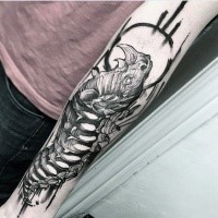 Estilo Linework tinta preta tatuagem antebraço do esqueleto rinoceronte