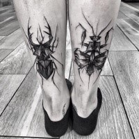 Linework style black ink leg tattoo of various bugs