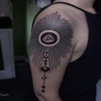 Linework style black ink shoulder tattoo if planet parade with sun