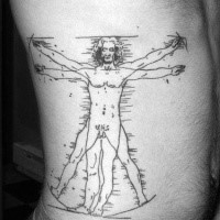 Linework style black ink side tattoo of Vitruvian man