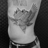 Linework style black ink side tattoo of flying bird