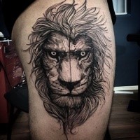 Linework style black ink thigh tattoo of lion head