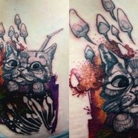 Linework style colored waist tattoo of cat with mushrooms