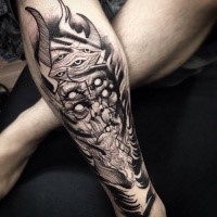 Linework style incredible demon face tattoo on leg