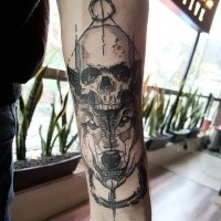 Linework style painted in black ink forearm tattoo of demonic wolf with skull