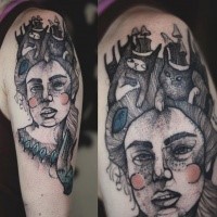 Linework style surreal upper arm tattoo of woman portrait with cat
