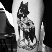 Linework style wolf shaped black ink tattoo stylized with night mountains