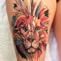 Lion face tattoo on leg for lady