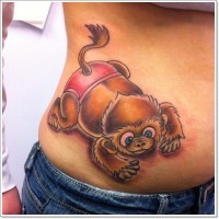 Little 3D cartoon colored cute monkey tattoo on waist