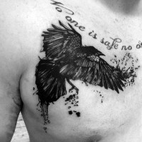 Little abstract style black ink crow with lettering tattoo on chest