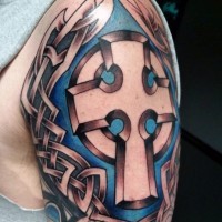 Little beautiful colored Celtic cross tattoo on shoulder