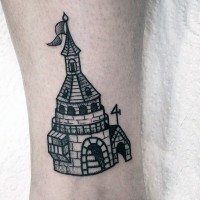 Little black and white old castle tattoo on ankle