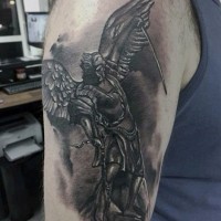 Little black and white shoulder tattoo of angel warrior with snake