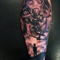 Little black and white soldier in gas mask with plane tattoo on leg